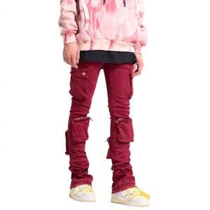 NEW PHEELINGS men's never look back cargo flare stack denim jean in burgundy